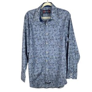 English Laundry Blue Cotton Blend Micro Floral Print Long Sleeve Dress Shirt